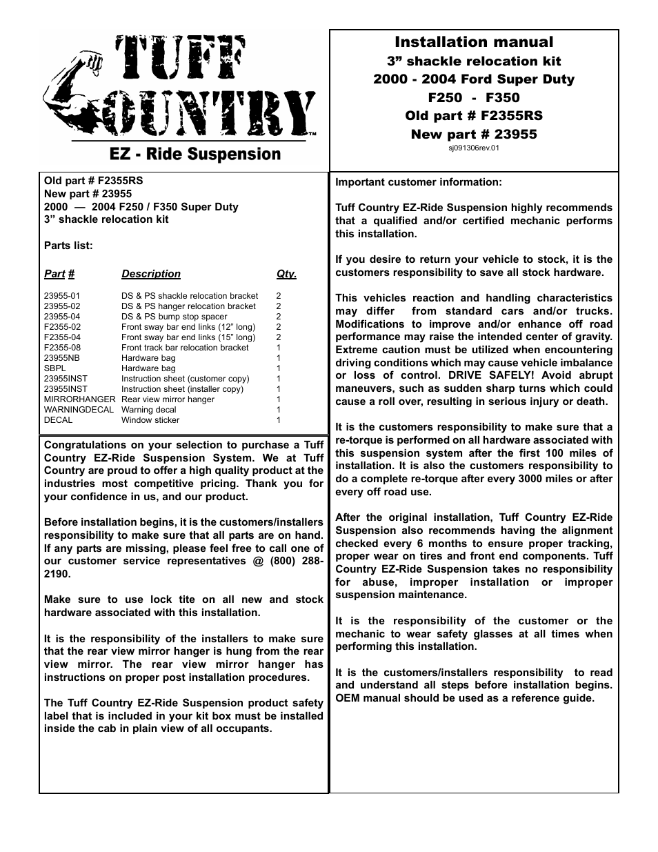 Tuff Country 23955 - Ford 00-04 F250 / F350 Superduty 3 kit User Manual | 12 pages