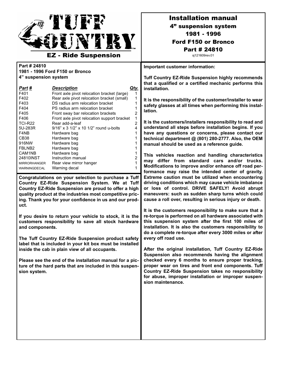 Tuff Country 24810 - Ford 80-96 F150 4 Lift Kit User Manual | 14 pages
