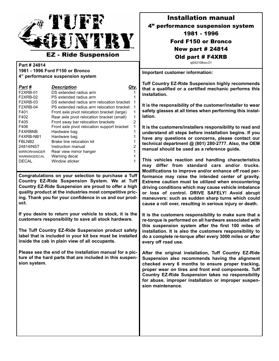 Tuff Country 24814 - Ford 80-96 F150 4 performance box kit User Manual | 16 pages