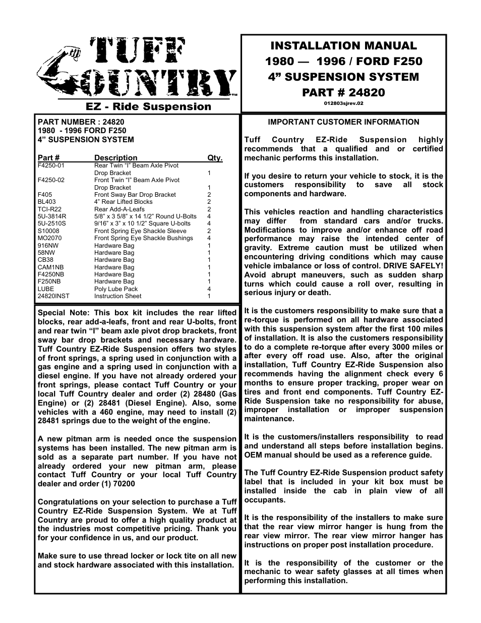 Tuff Country 24820 - Ford 80-96 F250 4 box kit User Manual | 12 pages