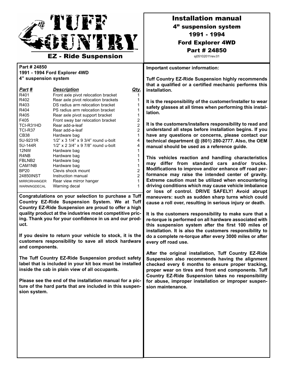 Tuff Country 24850 - Ford 91-94 Explorer 4 box kit User Manual | 13 pages