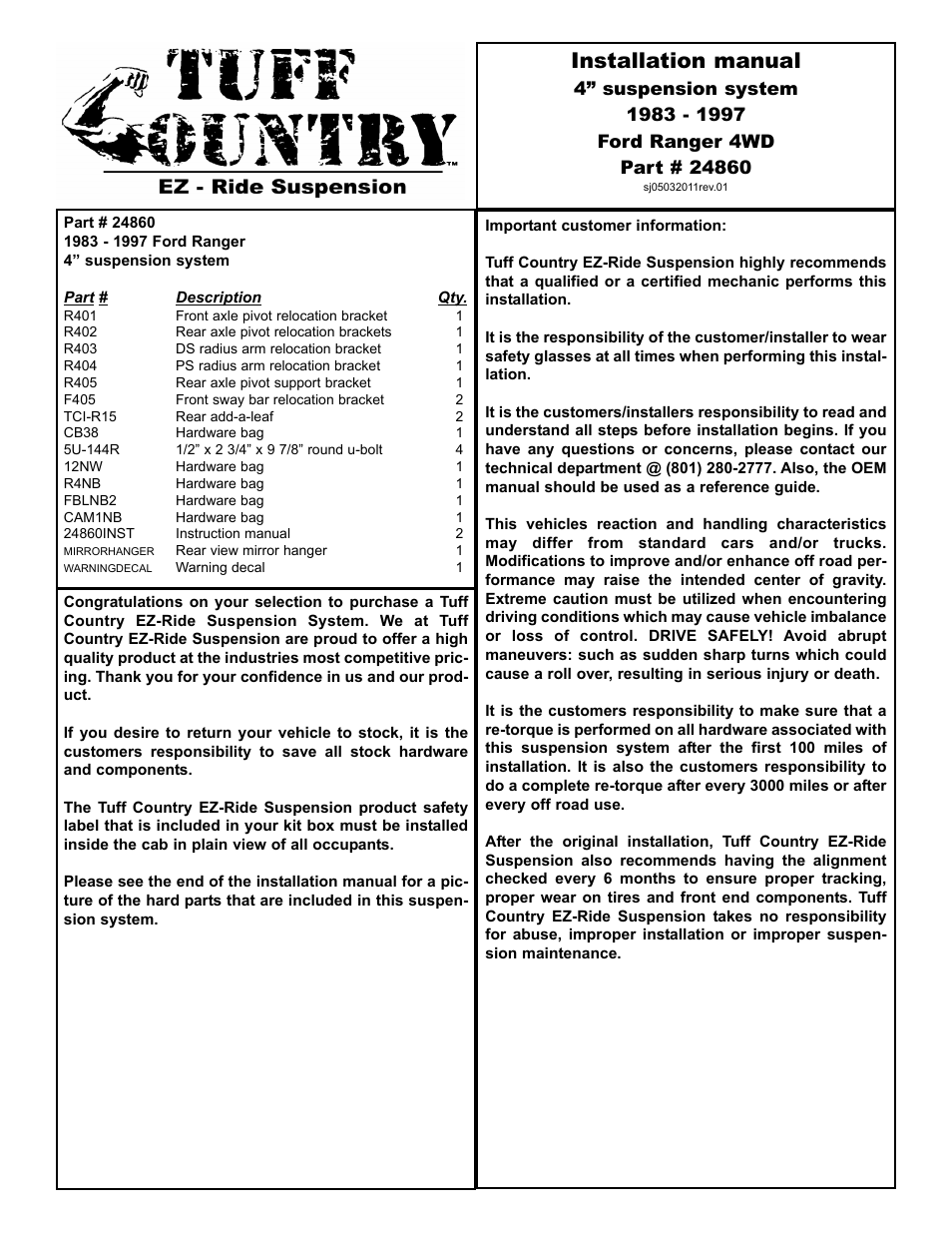 Tuff Country 24860 - Ford 83-97 Ranger 4 box kit User Manual | 13 pages