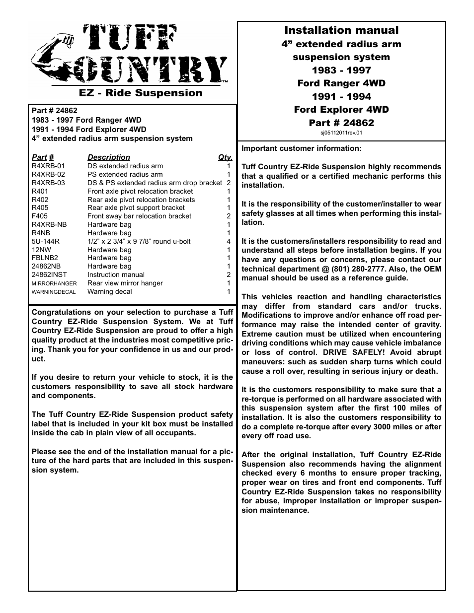 Tuff Country 24862 - Ford 83-97 Ranger/Explorer 4 box kit (performance kit) User Manual | 16 pages