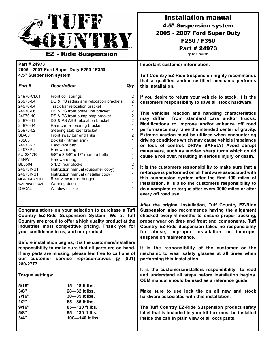 Tuff Country 24973 - Ford 05-07 F250/F350 5 box kit User Manual | 18 pages