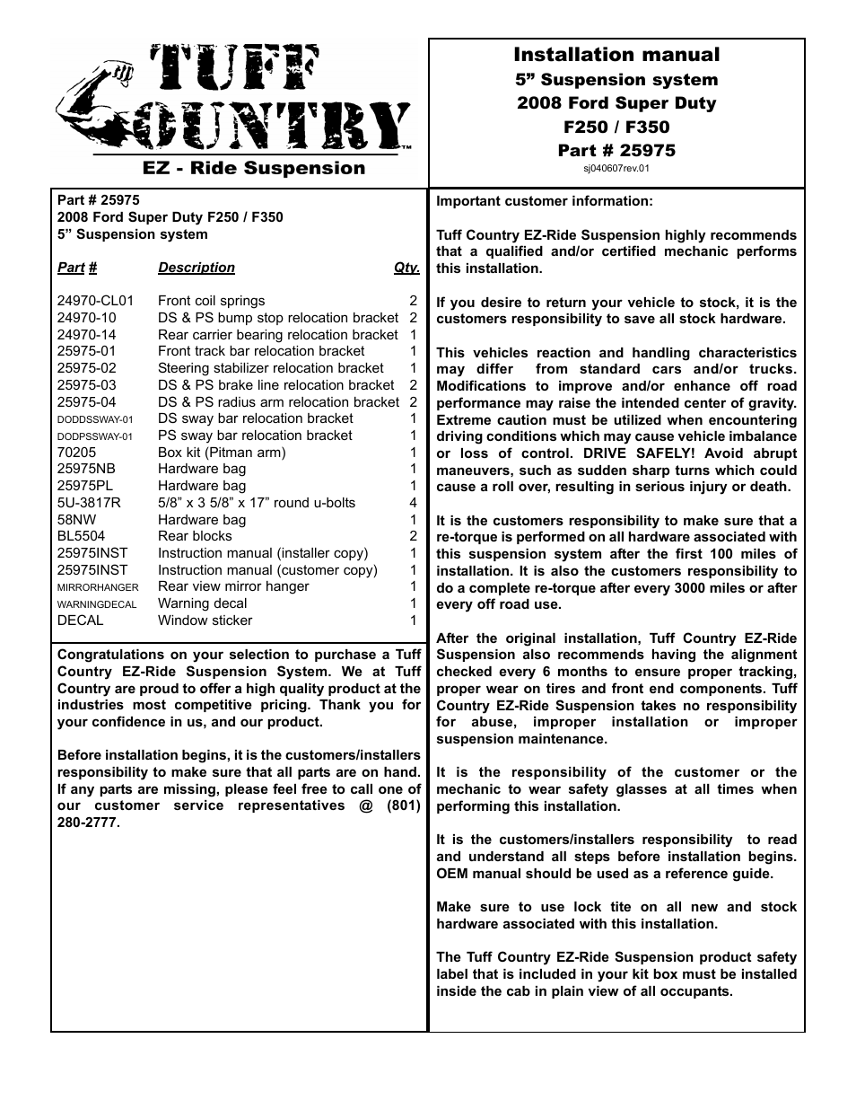 Tuff Country 25975 - Ford 08-14 F250/F350 5 lift kit User Manual | 18 pages