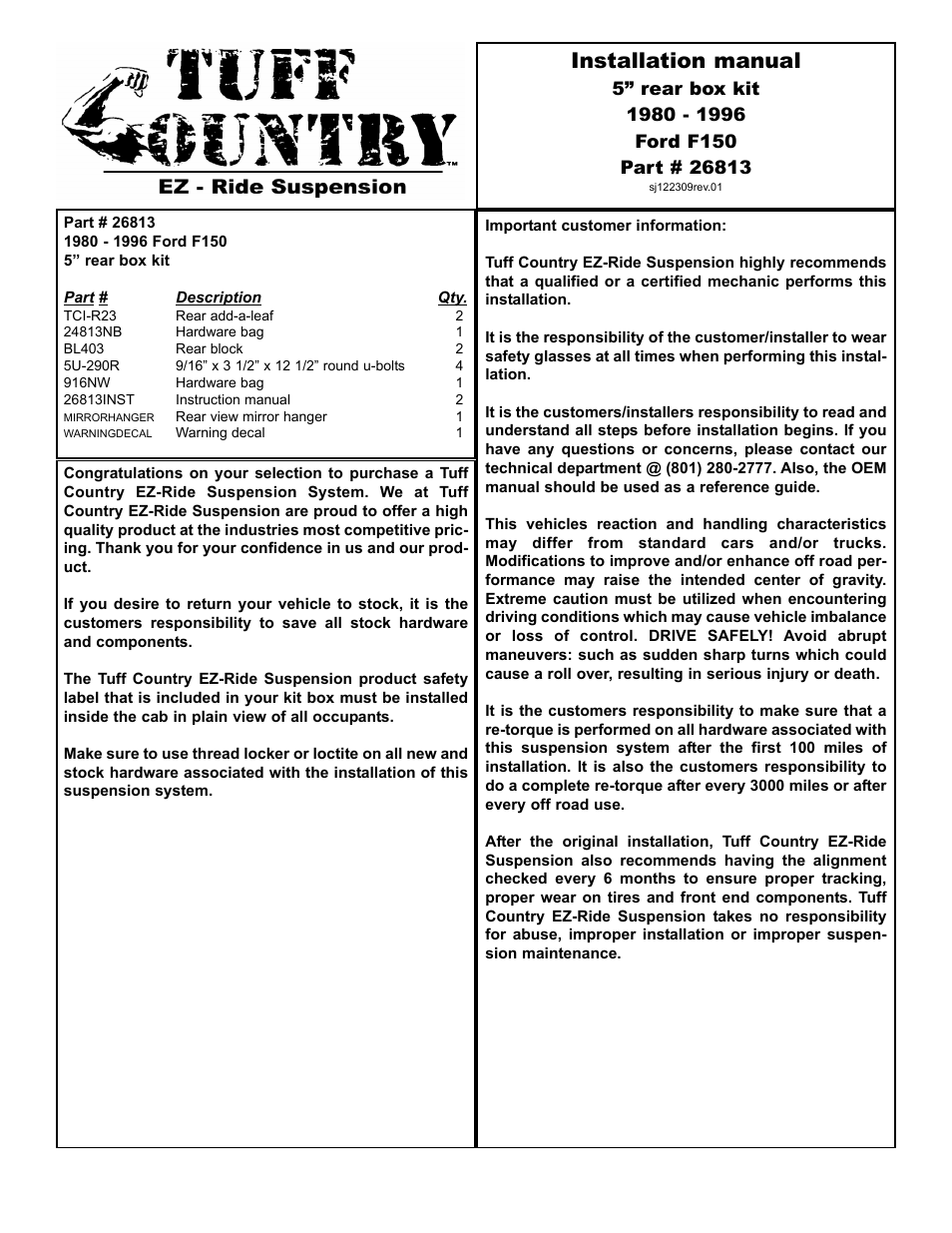 Tuff Country 26813 - Ford 80-96 6 rear box kit User Manual | 5 pages