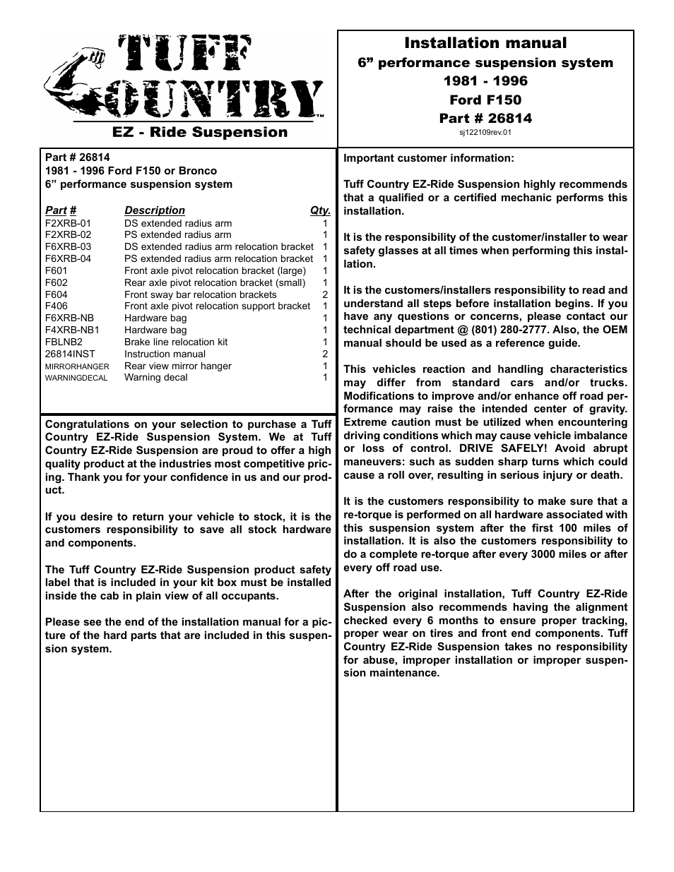 Tuff Country 26814 - Ford 80-96 6 box kit User Manual | 15 pages