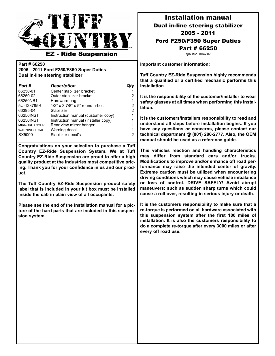 Tuff Country 66250 - Ford 05-11 Dual Steering Stabilizer User Manual | 4 pages