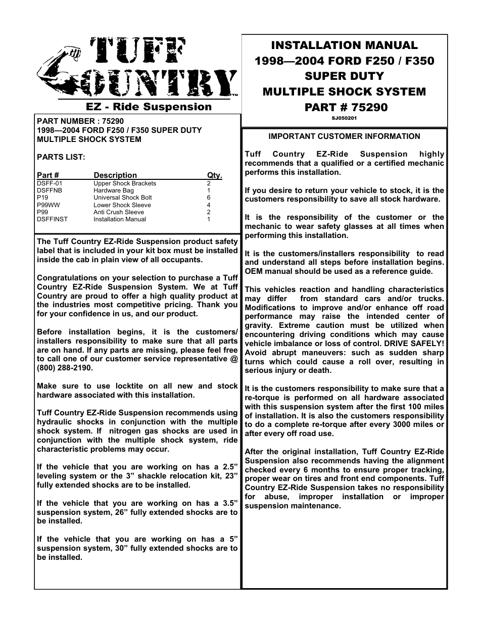 Tuff Country 75290 - Ford 99-04 F250 / F350 Superduty triple shock mount kit User Manual | 7 pages