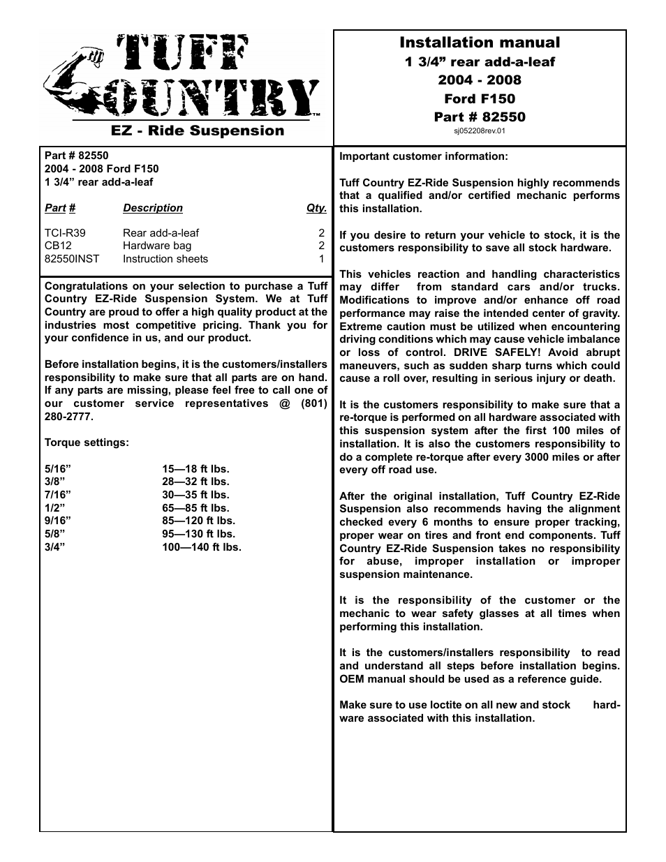 Tuff Country 82550 - Ford 04-08 F150 Add-a-Leaf - rear User Manual | 3 pages