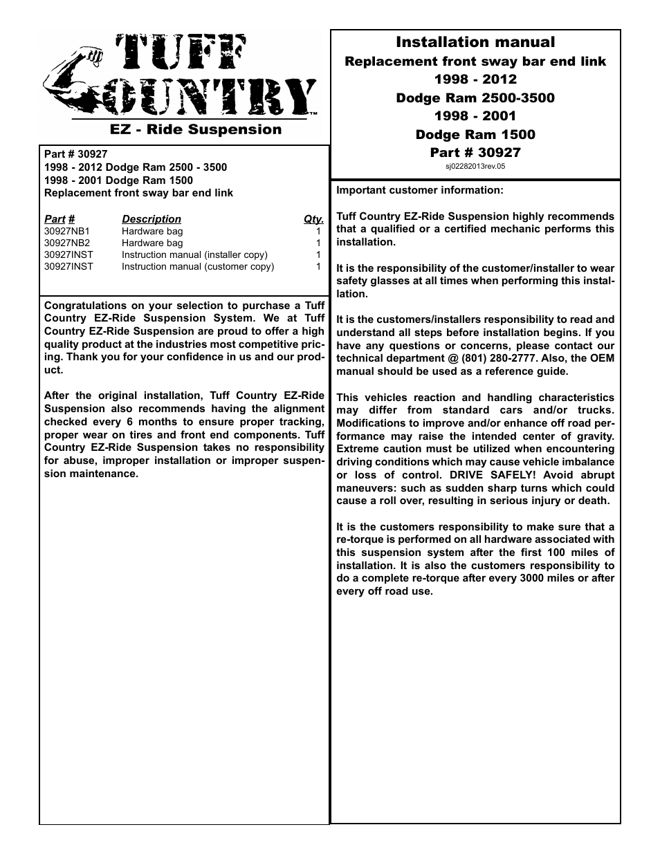 Tuff Country 30927 - Dodge 94-12 Ram 4wd Adjustable Sway Bar End Links User Manual | 5 pages