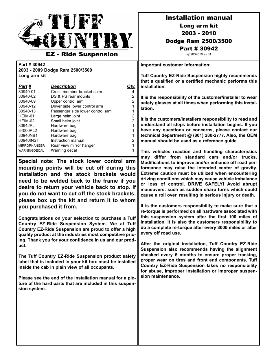 Tuff Country 30942 - Dodge Ram Long Arm Upgrade Kit User Manual | 7 pages