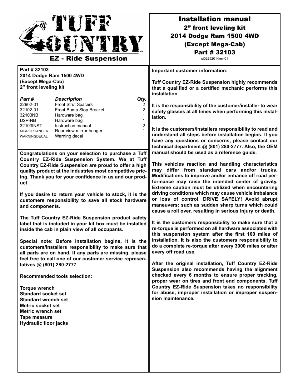 Tuff Country 32900 - Dodge 2014 Ram 1500 4wd 2 leveling kit User Manual | 6 pages