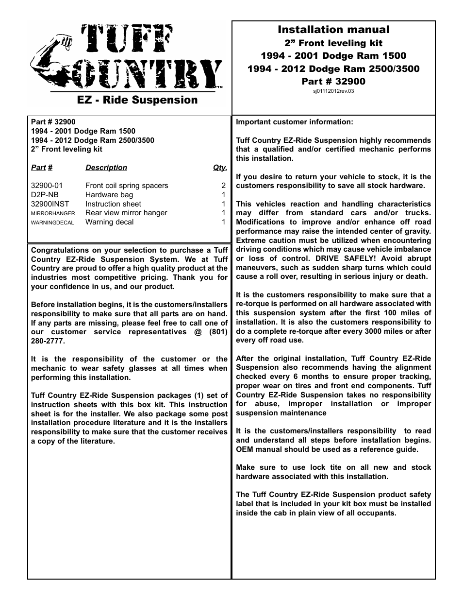 Tuff Country 32900 - Dodge 94-12 Ram 4wd 2 leving kit User Manual | 4 pages