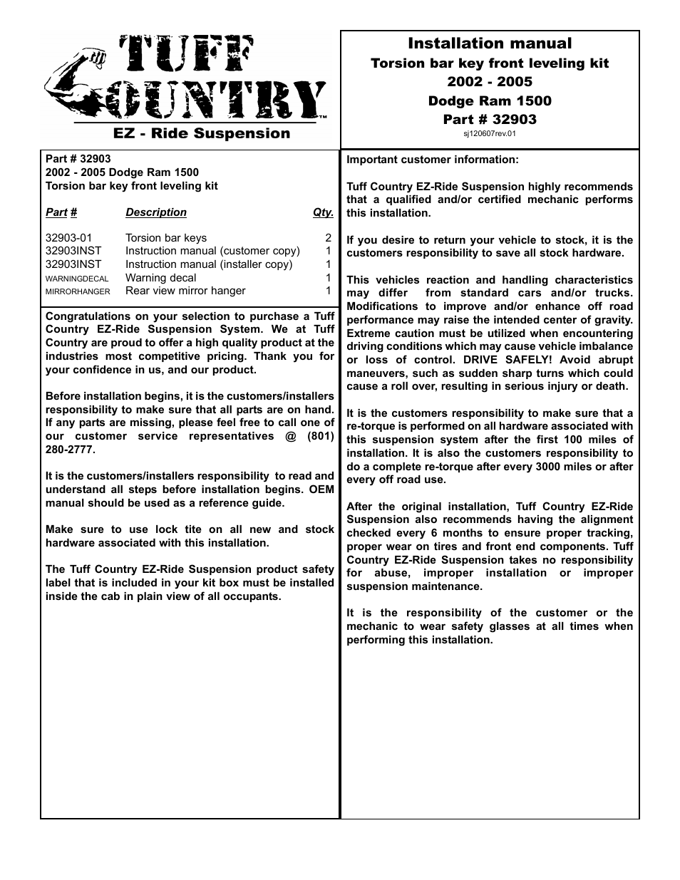 Tuff Country 32903 - Dodge 02-05 Ram 1500 4wd torsion bar keys User Manual | 3 pages