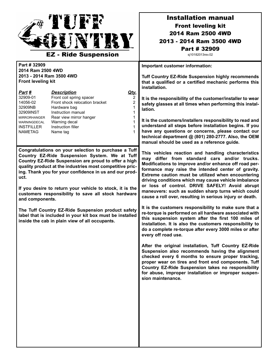 Tuff Country 32909 - Dodge 2013 Ram 3500 4wd leveling kit (shock relocation bracket) User Manual | 5 pages
