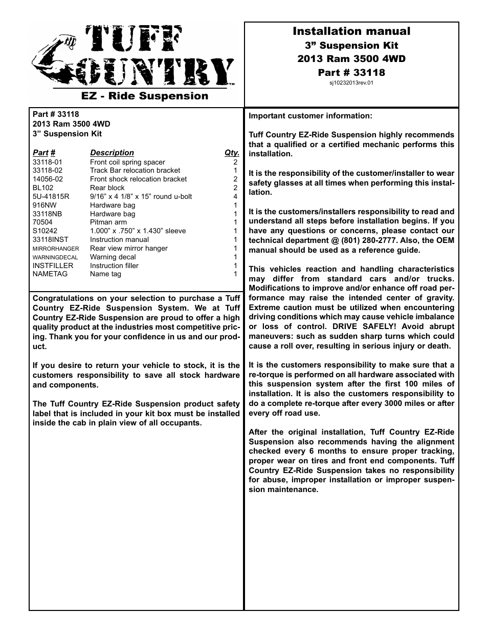Tuff Country 33118 - Dodge 2013-2014 Ram 4wd 3 lift kit (shock relocation bracket) User Manual | 9 pages