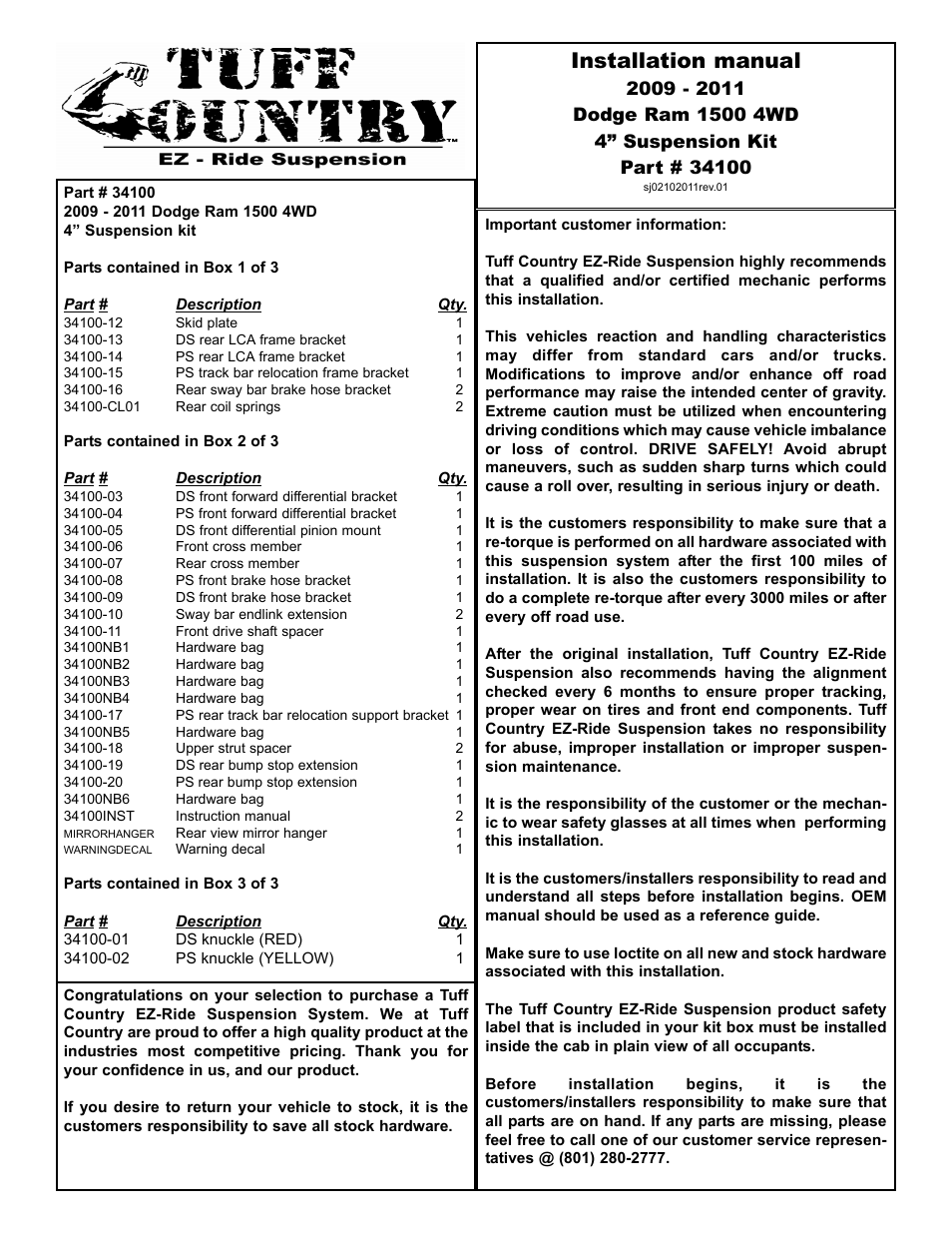 Tuff Country 34100 - Dodge 09-11 Ram 1500 4 kit User Manual | 13 pages