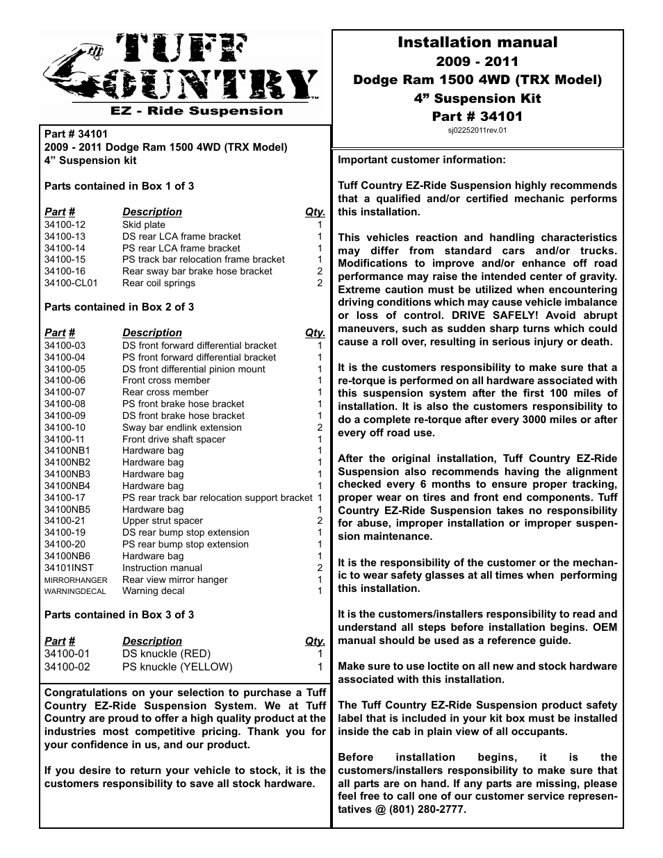 Tuff Country 34101 - Dodge 09-11 Ram 1500 (TRX) 4 kit User Manual | 13 pages