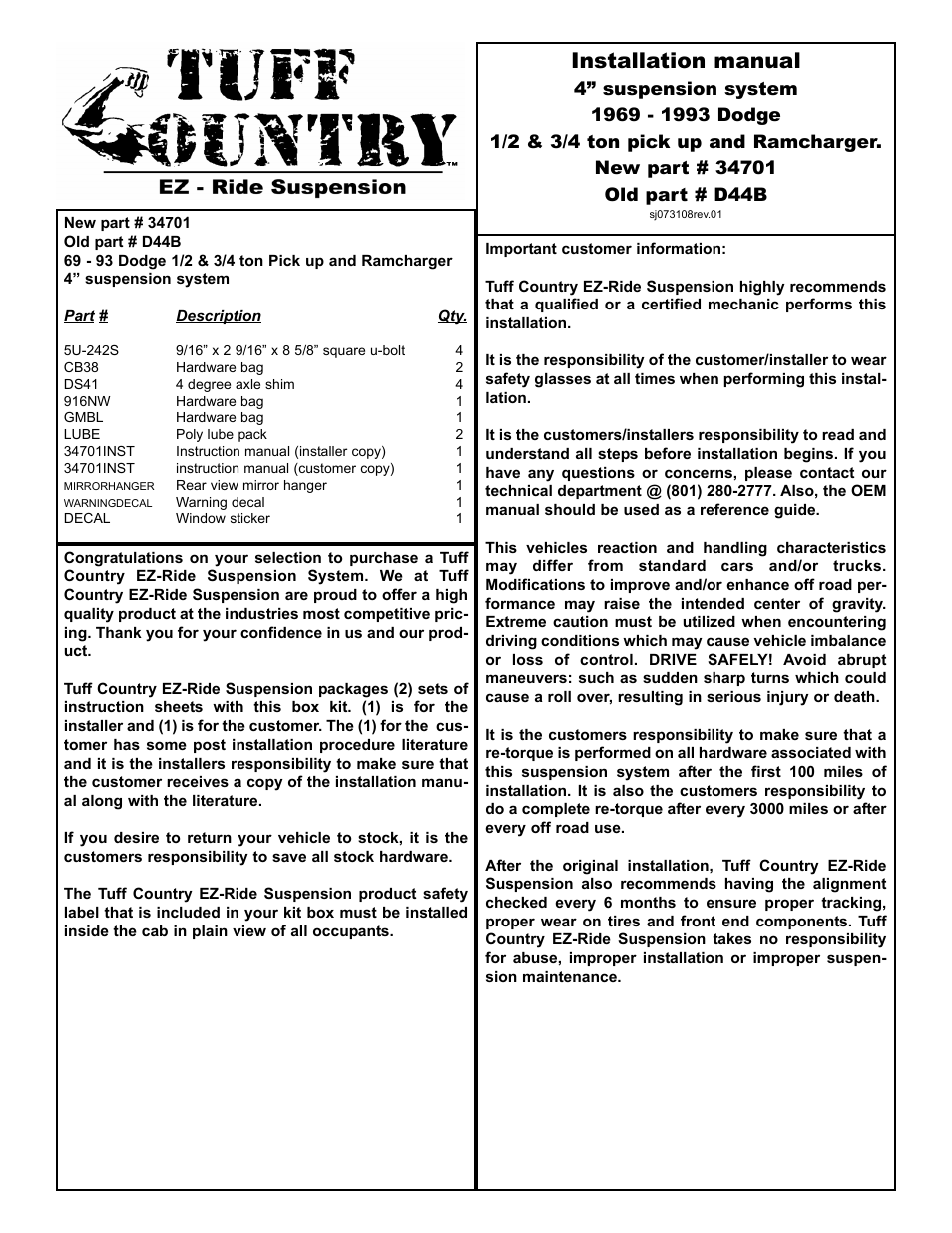 Tuff Country 34701 - Dodge 69-93 Truck 4 kit User Manual | 5 pages