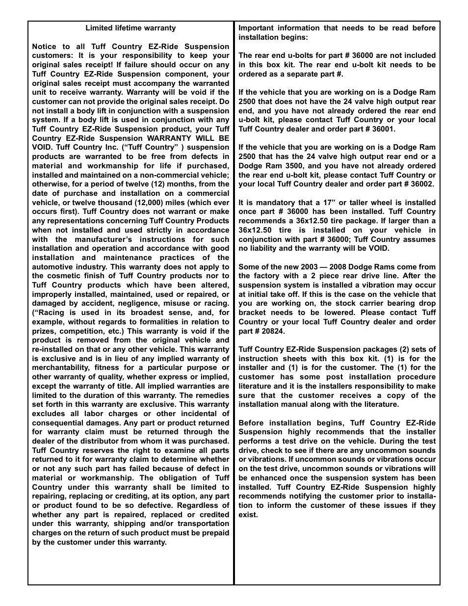 Tuff Country 36000 - Dodge 03-07 Ram 2500 / 3500 6 kit User Manual | Page 2 / 15