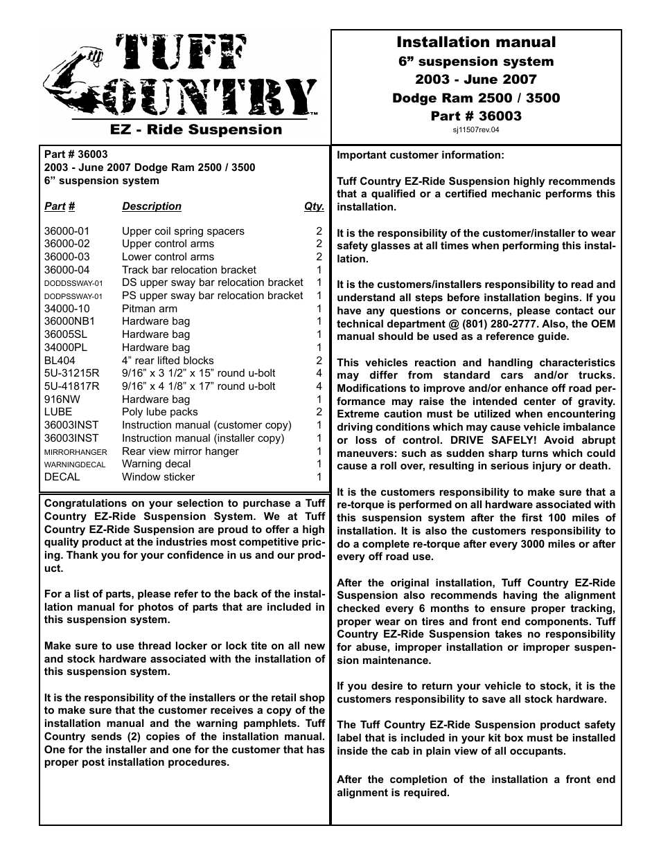 Tuff Country 36003 - Dodge 03-07 Ram 2500 / 3500 6 kit User Manual | 15 pages