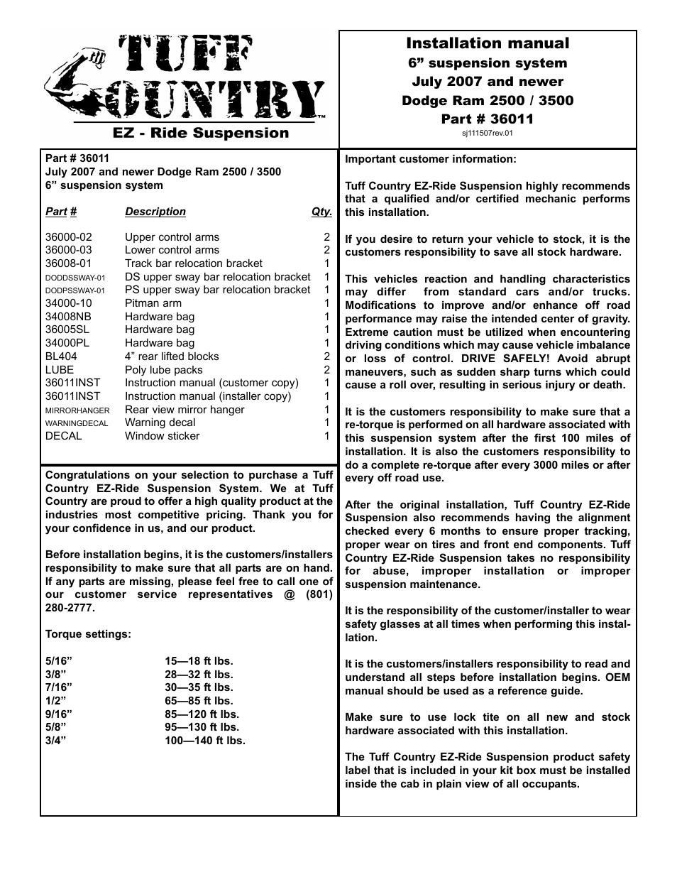 Tuff Country 36011 - Dodge 2008 Ram 2500 / 3500 6 kit (with front coil springs) User Manual | 15 pages