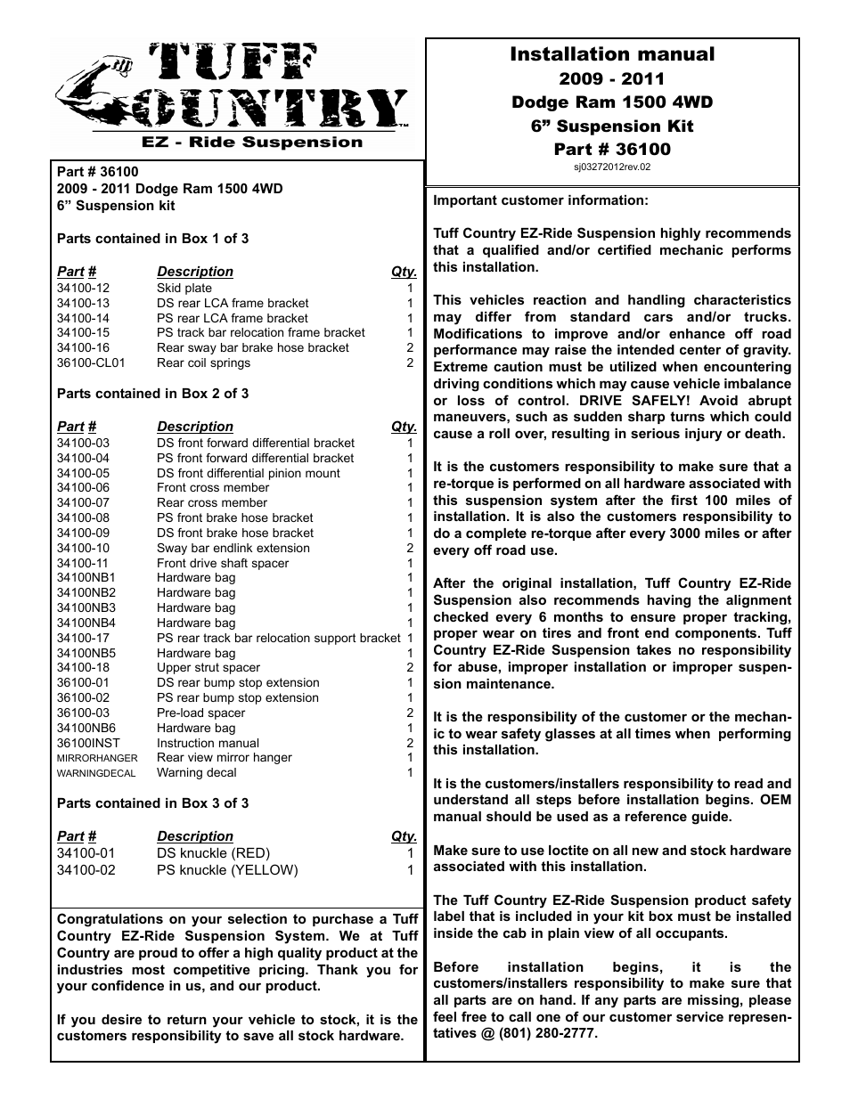 Tuff Country 36100 - Dodge 09-11 Ram 1500 6 kit User Manual | 13 pages