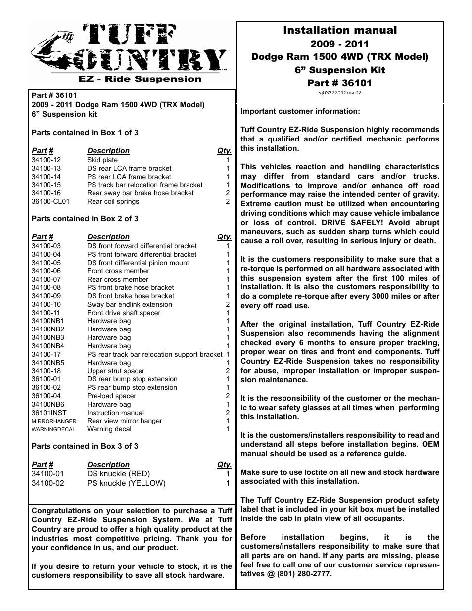 Tuff Country 36101 - Dodge 09-11 Ram 1500 (TRX) 6 kit User Manual | 13 pages
