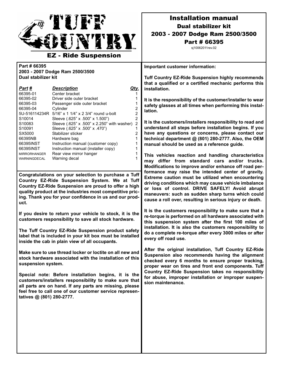 Tuff Country 66395 - Dodge Ram 2500 Steering Stabilizer User Manual | 4 pages