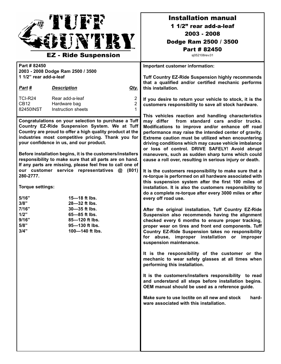 Tuff Country 82450 - Dodge 03-12 Ram 2500 / 3500 Add a Leaf User Manual | 4 pages