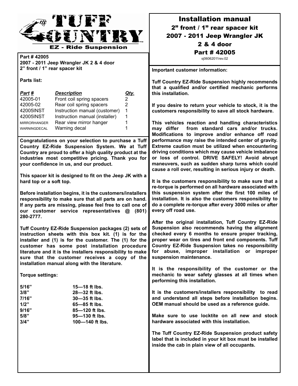Tuff Country 42005 - Jeep JK Wrangler 2007-2012 2 box kit User Manual | 7 pages