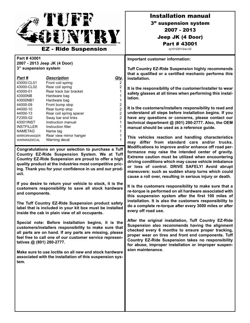 Tuff Country 43001 - Jeep Wrangler 3 kitt User Manual | 7 pages