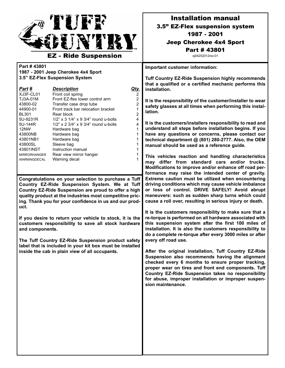 Tuff Country 43801 - Jeep Cherokee 87-01 3.5 EZ-Flex kitt User Manual | 10 pages