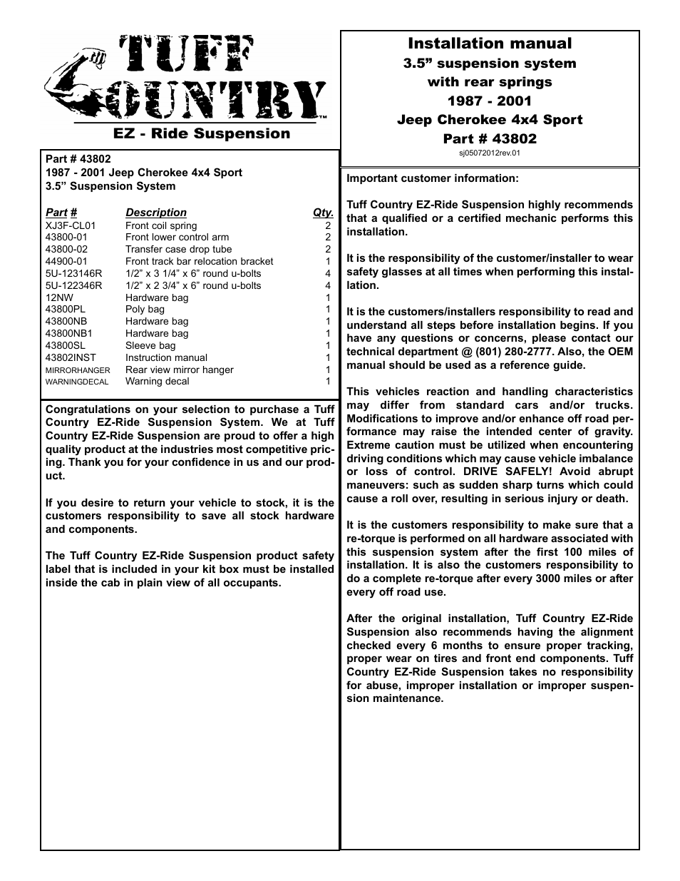 Tuff Country 43802 - Jeep Cherokee 87-01 3.5 kit (w/rr springs)t User Manual | 11 pages