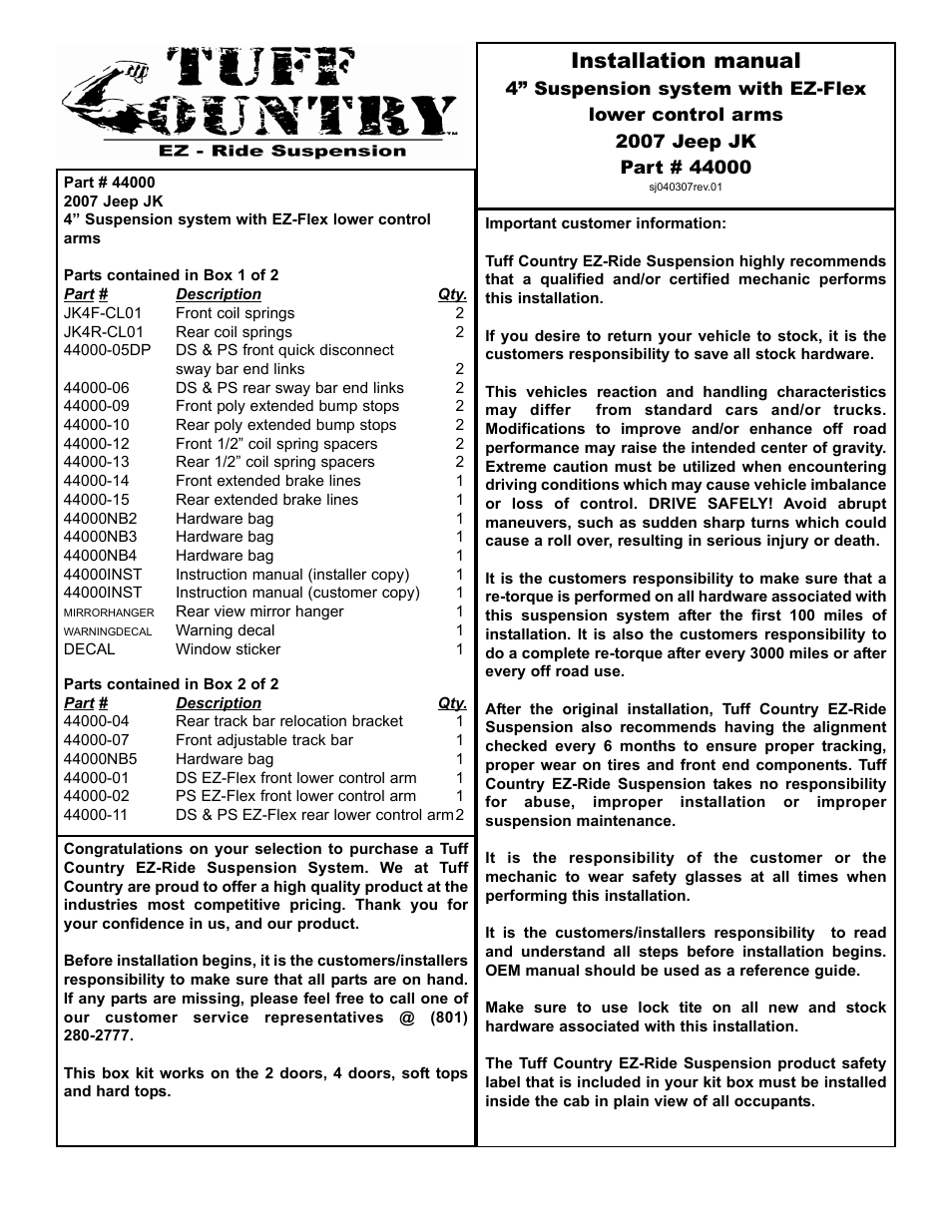 Tuff Country 44000 - Jeep JK EZ-Flex 4 box kit User Manual | 19 pages
