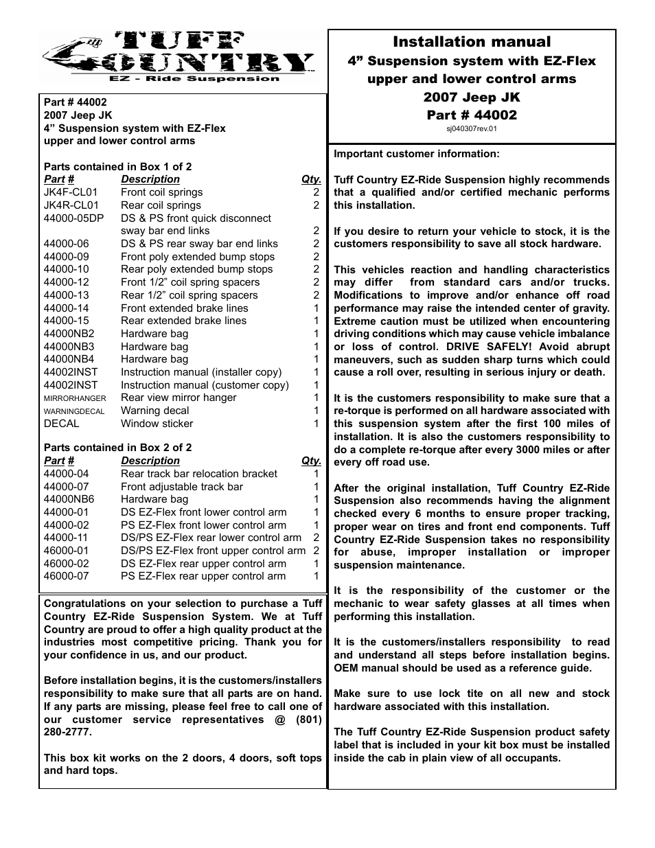 Tuff Country 44002 - Jeep JK Performance 4 box kit User Manual | 22 pages