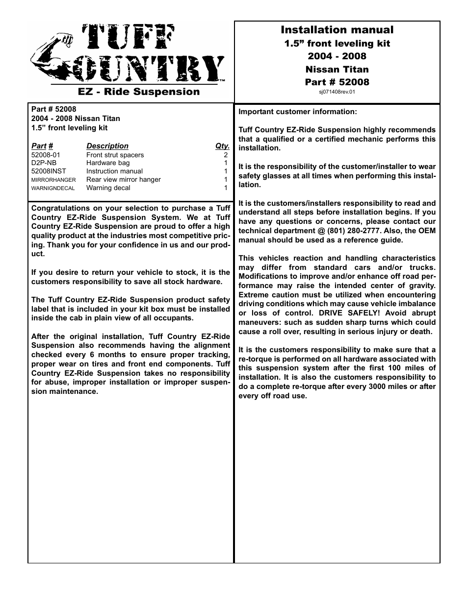 Tuff Country 52008 - Nissan Titan 1.5 Leveling Kit User Manual | 5 pages