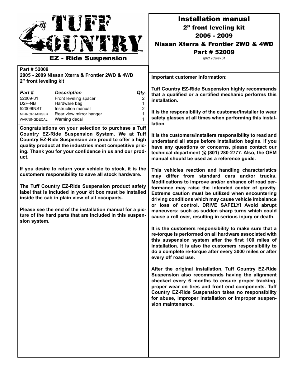 Tuff Country 52009 - Nissan Xterra / Frontier 2 Leveling Kit User Manual | 4 pages