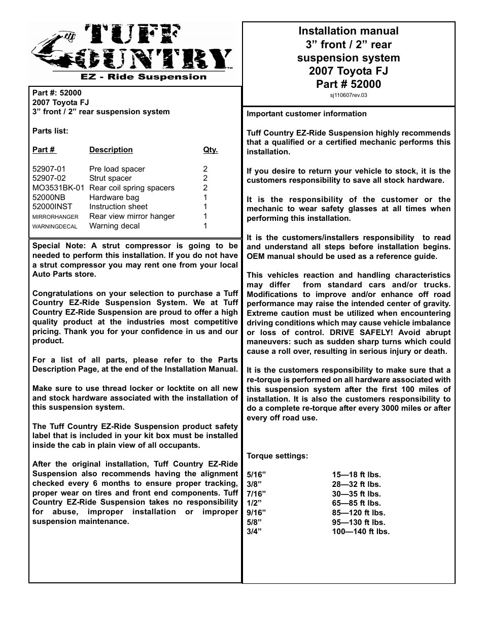 Tuff Country 52000 - Toyota FJ Cruiser 07-13 3 lift kit User Manual | 8 pages