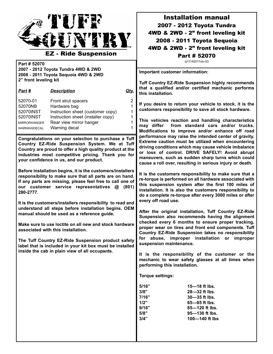 Tuff Country 52070 - Toyota Tundra 07-13 2 leveling kit User Manual | 8 pages