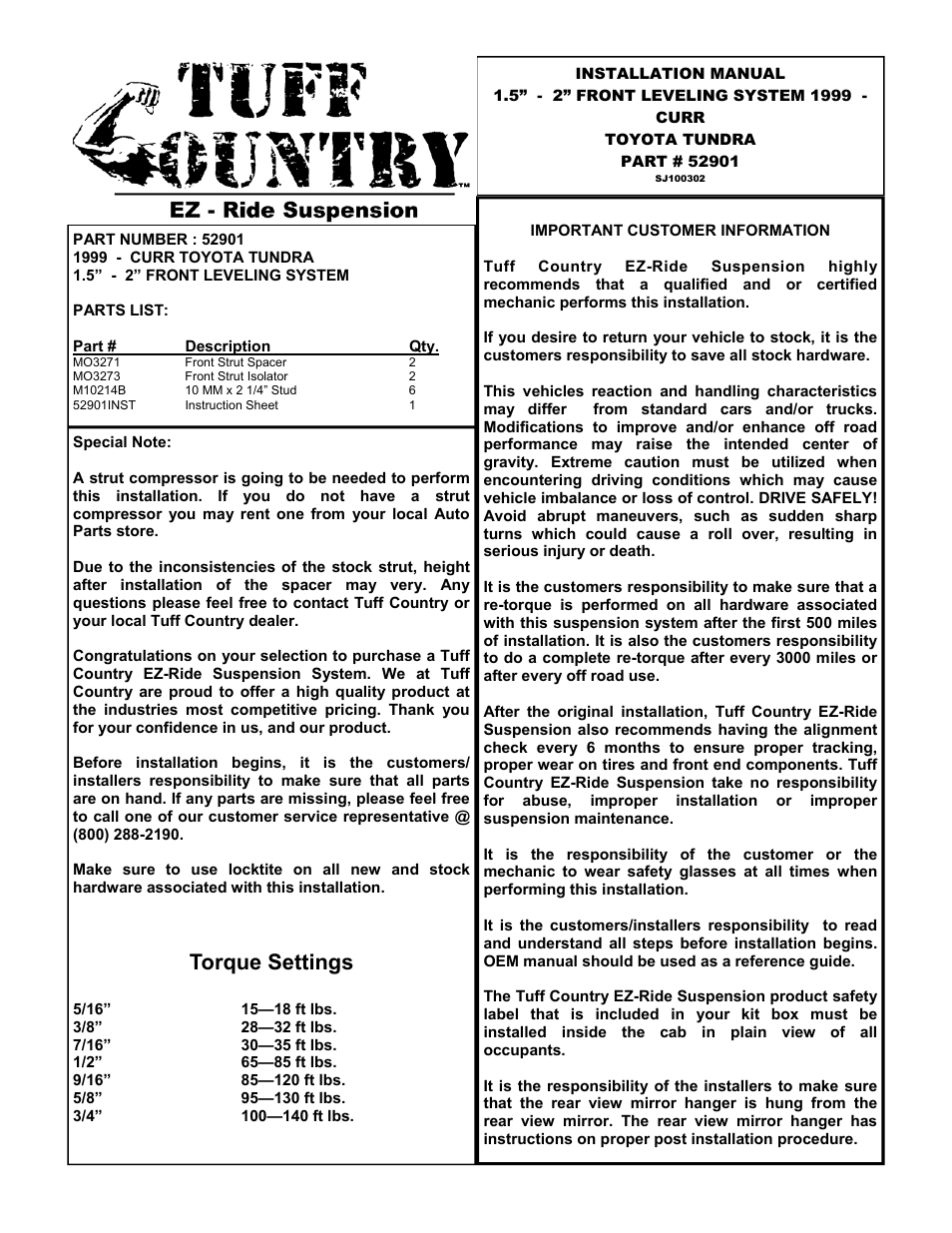Tuff Country 52901 - Toyota Tundra 99-03 2 leveling kit User Manual | 5 pages