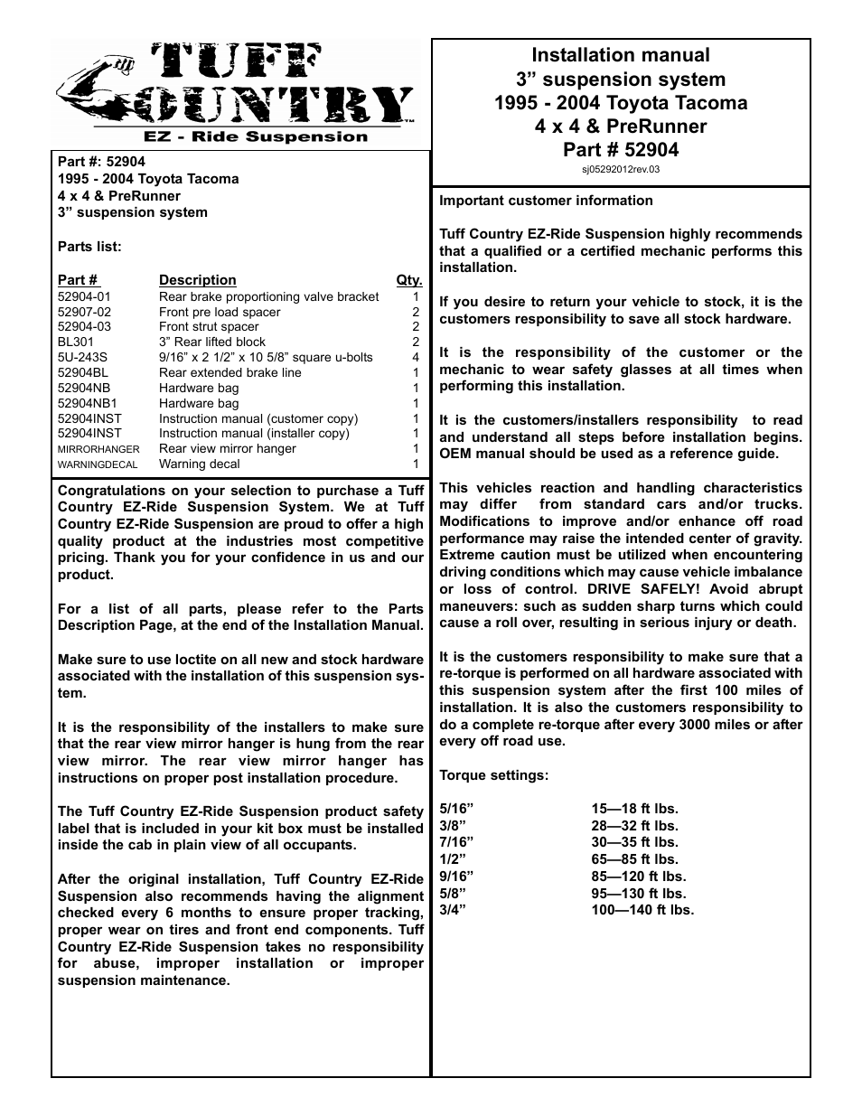 Tuff Country 52904 - Toyota Tacoma 95-04 3 lift kit User Manual | 8 pages