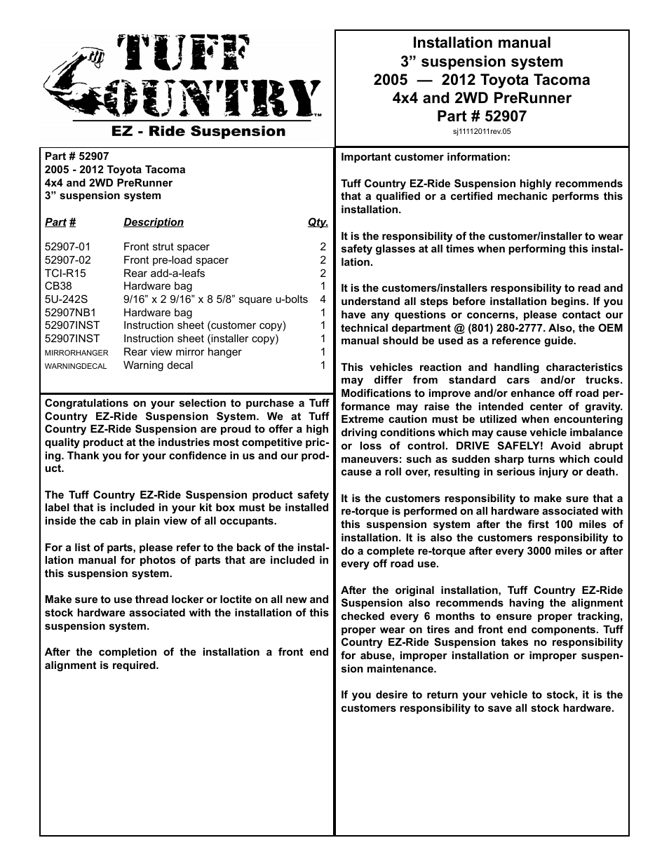 Tuff Country 52907 - Toyota Tacoma 05-14 3 lift kit User Manual | 7 pages