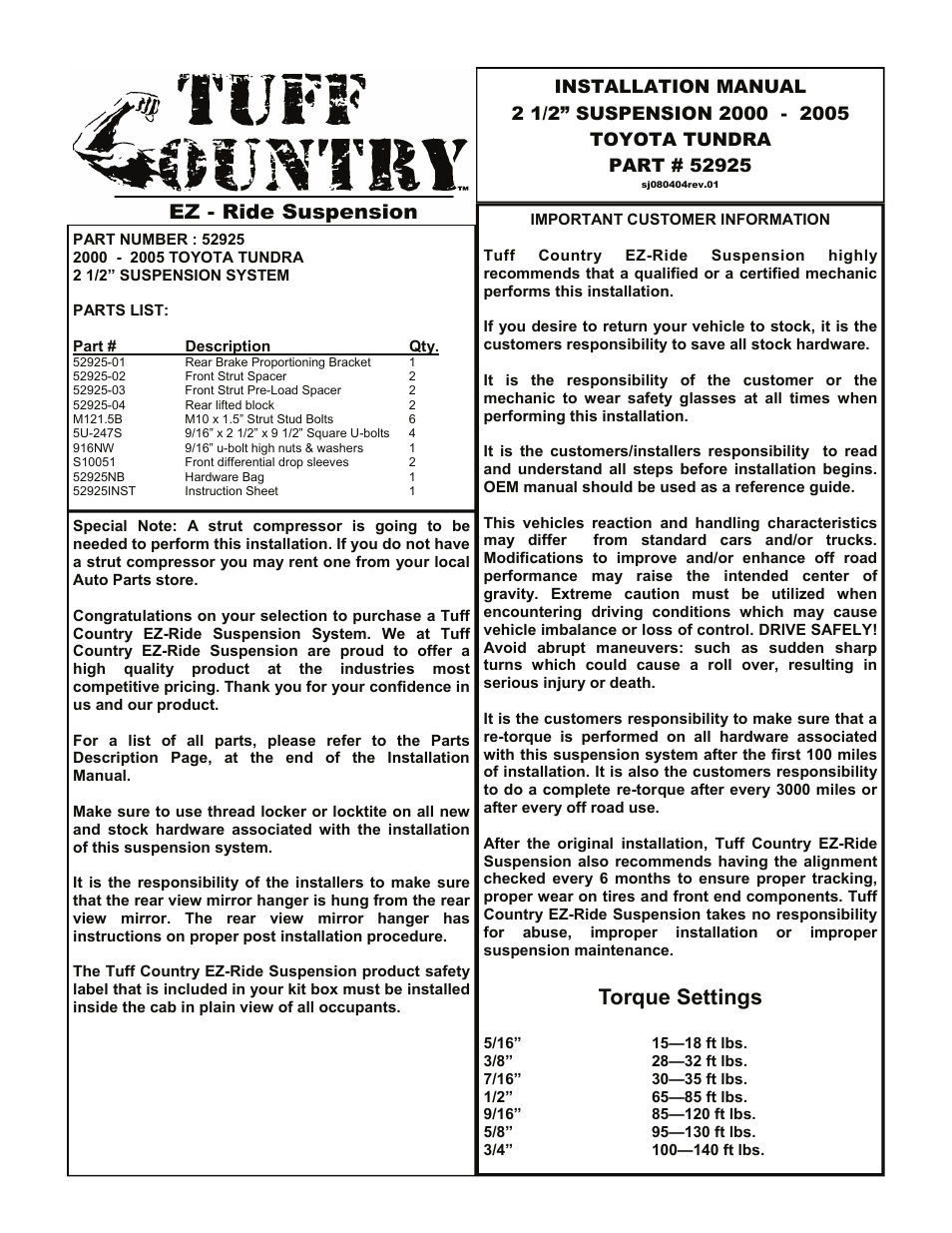 Tuff Country 52925 - Toyota Tundra 99-06 2.5 lift kit User Manual | 6 pages