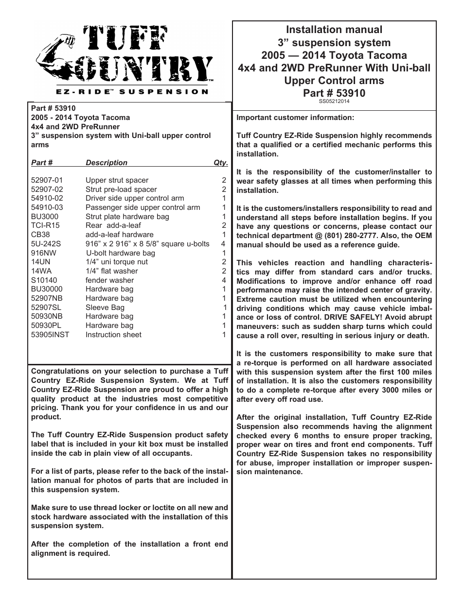 Tuff Country 53905 - Toyota Tacoma 05-14 3 uni-ball lift kit User Manual | 9 pages