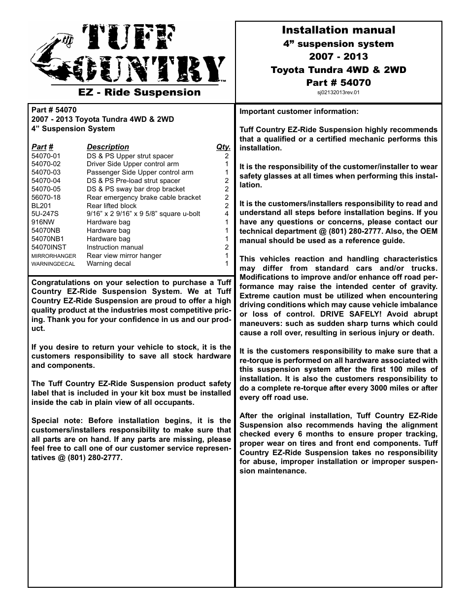 Tuff Country 54070 - Toyota Tundra 07-14 4 lift kit User Manual | 13 pages