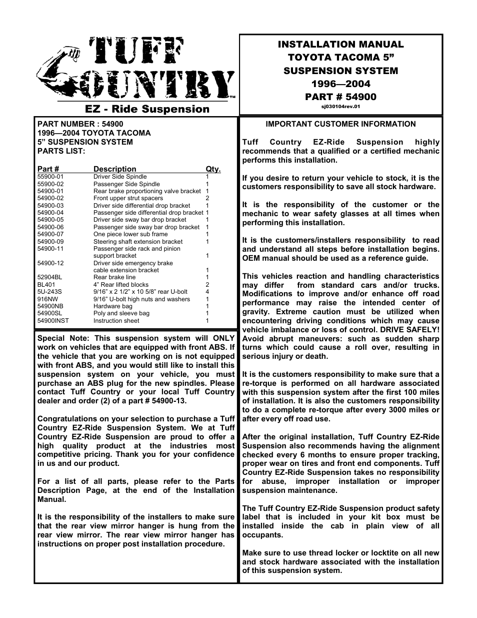 Tuff Country 54900 - Toyota Tacoma 95-04 5 lift kit User Manual | 29 pages