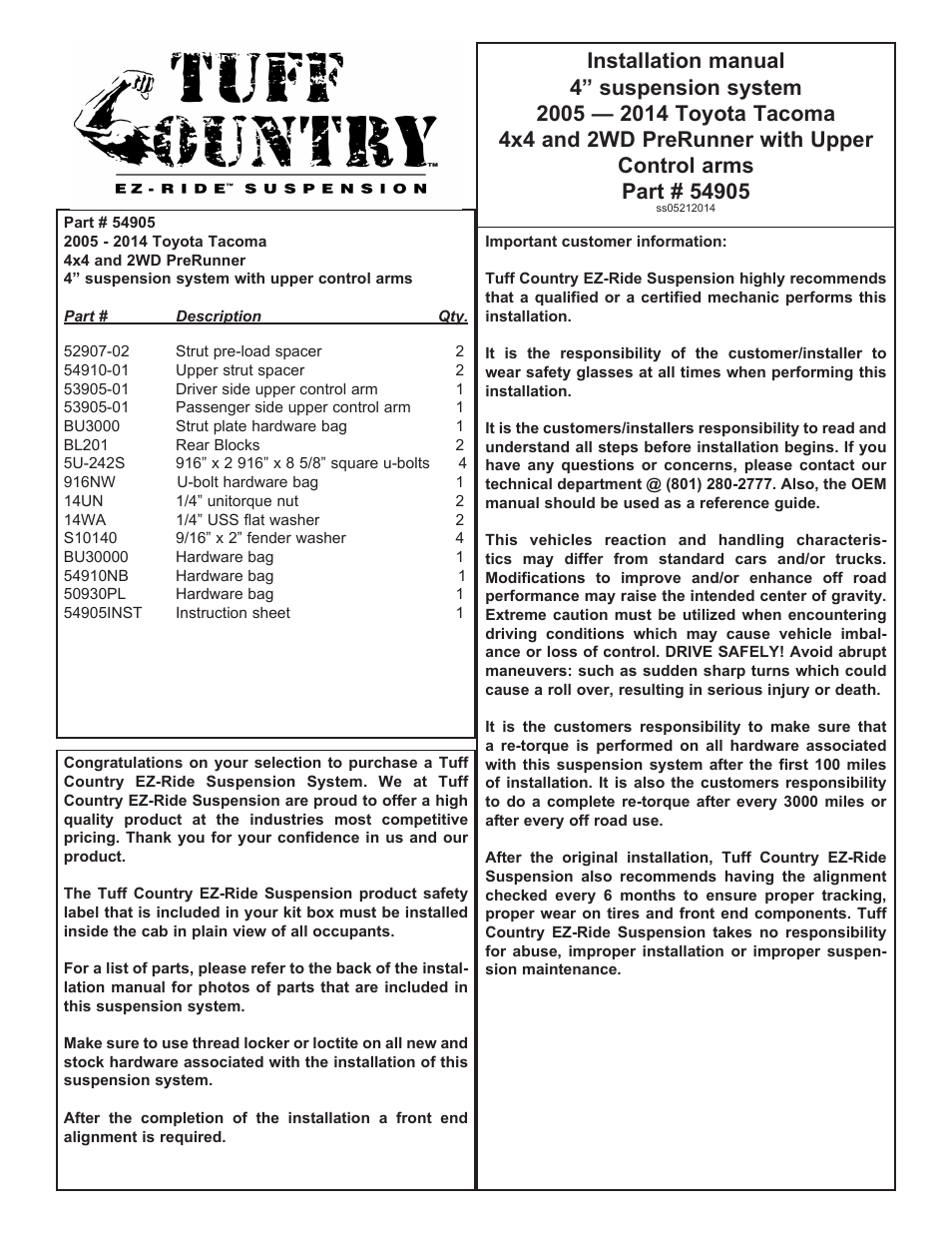 Tuff Country 54905 - Toyota Tacoma 05-14 4 lift kit User Manual | 9 pages