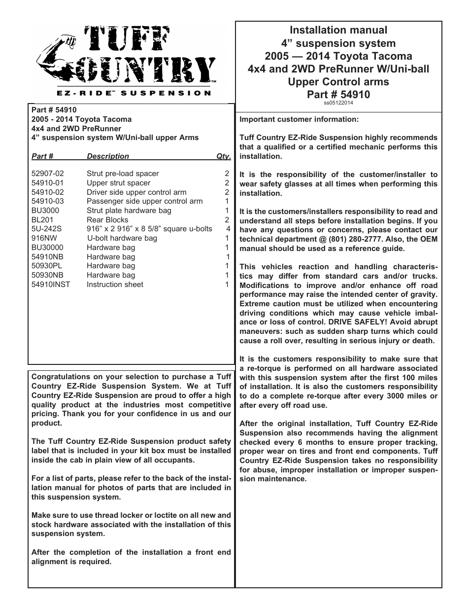 Tuff Country 54910 - Toyota Tacoma 05-14 4 uni-ball lift kit User Manual | 9 pages